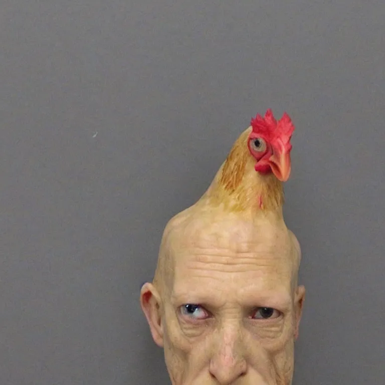 Image similar to chicken headed human, mugshot