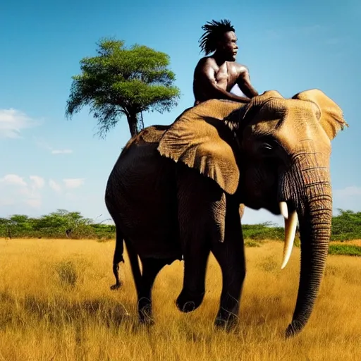 Prompt: film still of matrix, extreme wide shot of an tribal african man riding an elephant alone on the savannah, extreme long shot, 4 k, award winning