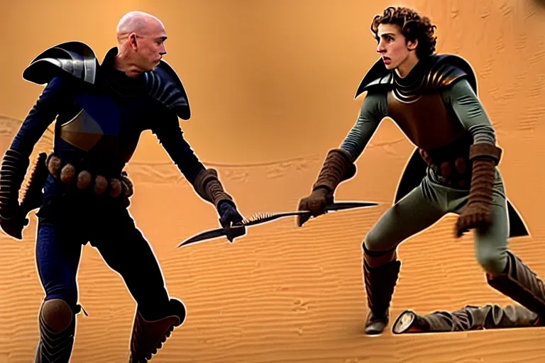 Image similar to a dagger-fight between bald_ominous_brooding_Austin_Butler_as_Feyd-Rautha_Harkonnen against Timothee_Chalamet_as_Paul_Atreides, in an arena fight-pit in movie Dune-2021, golden ratio, clear gaze, detailed eyes