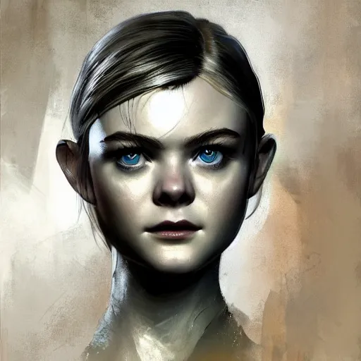 Prompt: professional painting of Elle Fanning in Fallout 3 in the style of Craig Mullins, head and shoulders portrait, symmetrical facial features, smooth, sharp focus, illustration, intricate, stormy weather, extremely detailed masterpiece,