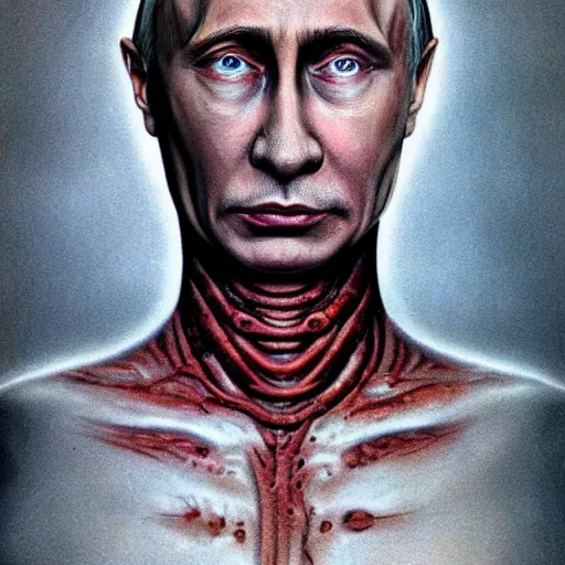 Image similar to bodyhorror portrait of vladimir putin who became an ugly lovecraftian monstrosity, photo - realistic, color image, 2 k, highly detailed, horror, by giger