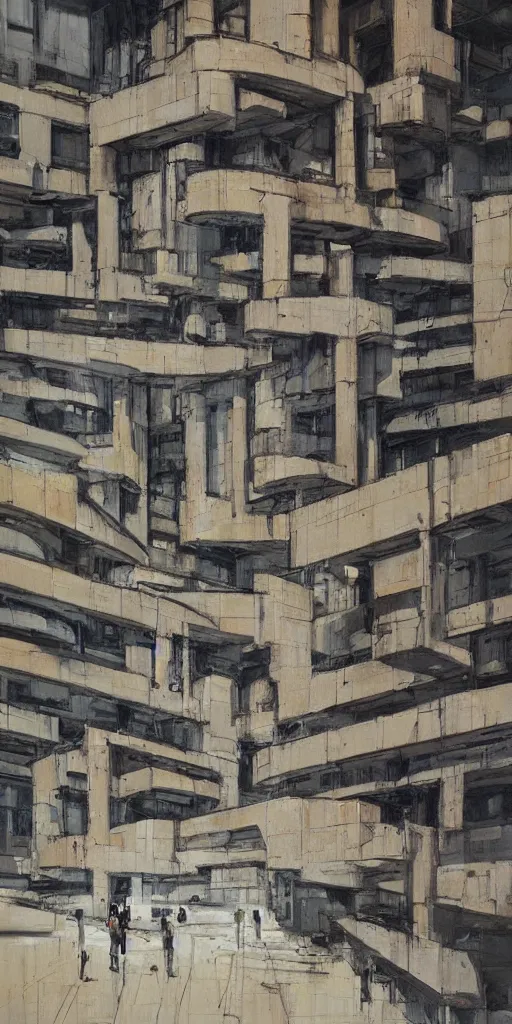 Image similar to oil painting scene from brutalism architecture art by kim jung gi