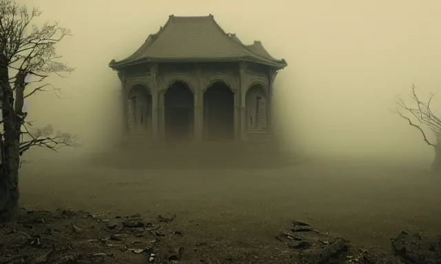 Image similar to a outside temple full of dark evil idol, landscape photograph taken by giger and beksinski and chaos and midnight sun and death fog