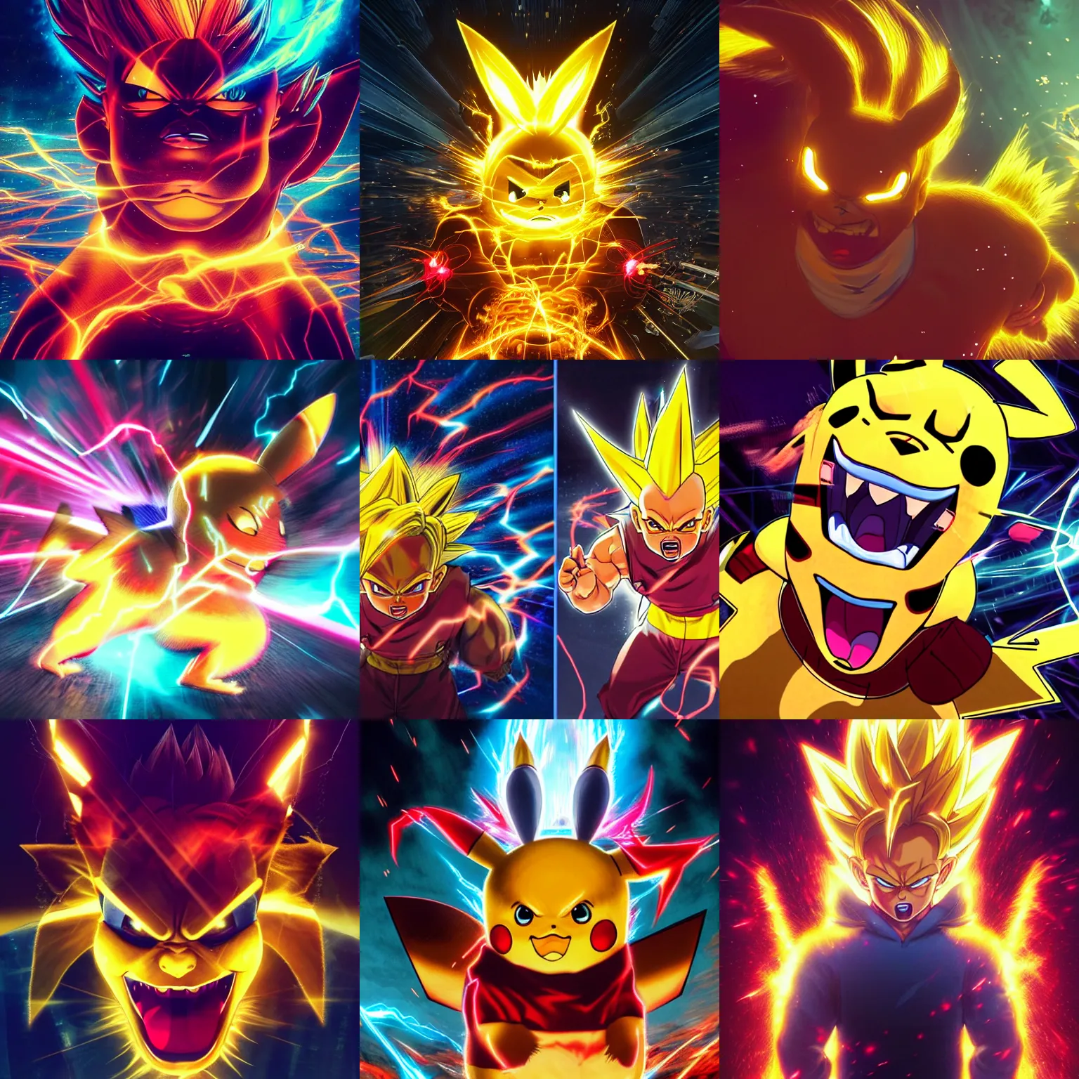 Prompt: portrait of angry pikachu turning into super saiyan 3, powering up aura, intricate, epic lighting, cinematic composition, hyper realistic, 8k resolution, unreal engine 5, by Artgerm, tooth wu, dan mumford, beeple, wlop, rossdraws, James Jean, Andrei Riabovitchev, Marc Simonetti, yoshitaka Amano, Artstation