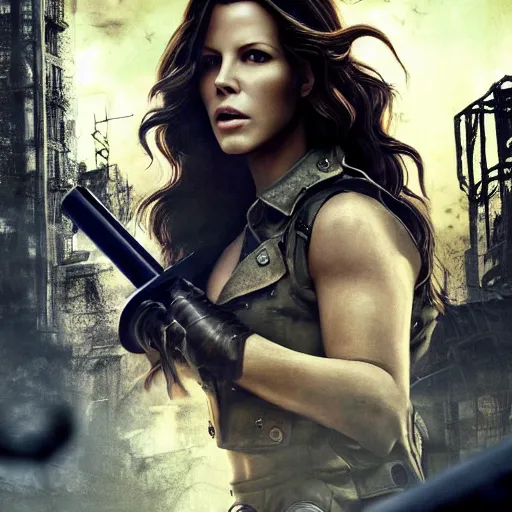 Image similar to fallout 5, charismatic beautiful rugged young kate beckinsale with katana, portrait, outdoors ruined cityscape, atmospheric lighting, painted, intricate, volumetric lighting, beautiful, daytime, sunny weather, slight overcast, sharp focus, deep colours, ultra detailed, by leesha hannigan, ross tran, thierry doizon, kai carpenter, ignacio fernandez rios