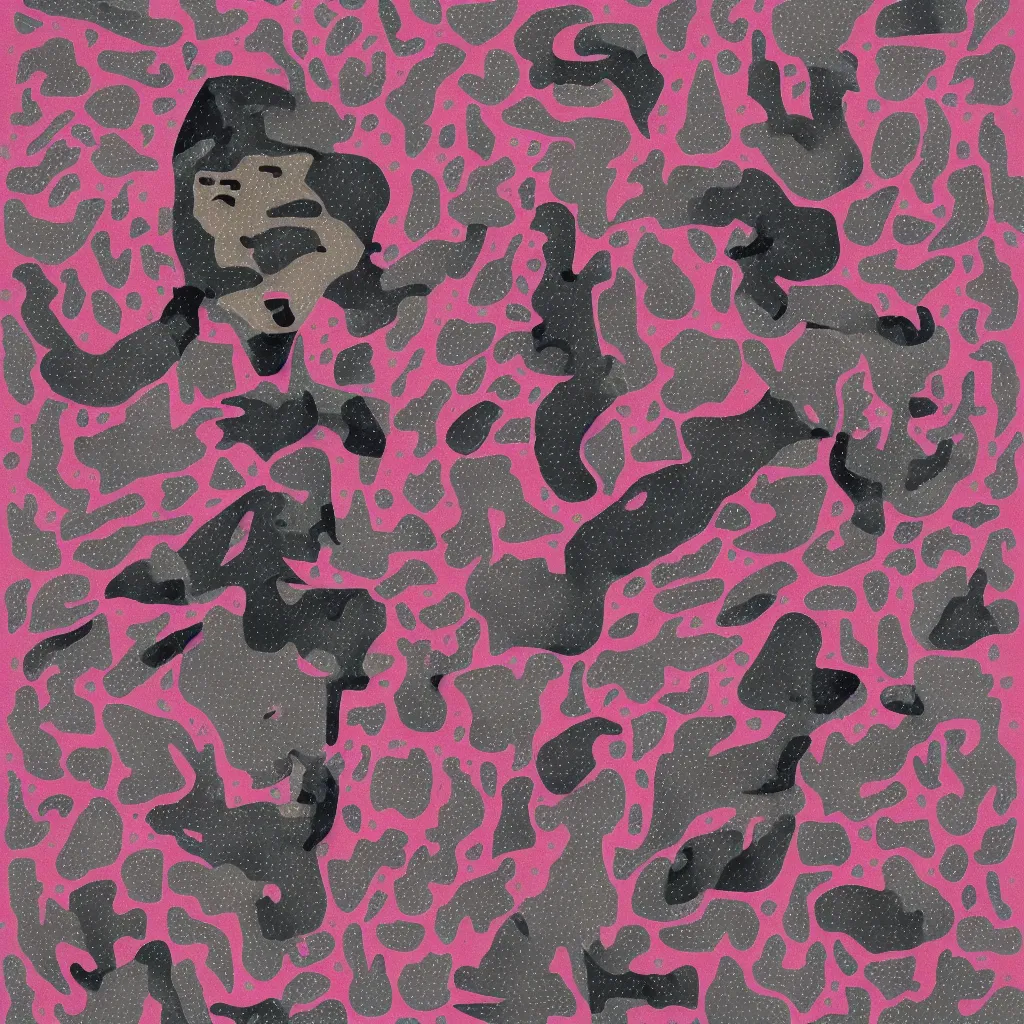 Image similar to camo made of out teeth, smiling, abstract, maya bloch artwork, pink convertible, do hoang tuong artwork, cryptic, dots, stipple, lines, splotch, concrete, color tearing, pitch bending, faceless people, tribal, dark, ominous, eerie, minimal, points, technical, painting