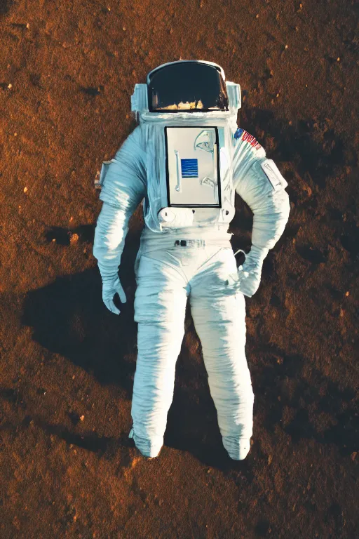 Image similar to a bottom view of a walking astronaut, low - angle view, photography, out - space background, cinematic lighting, 8 k