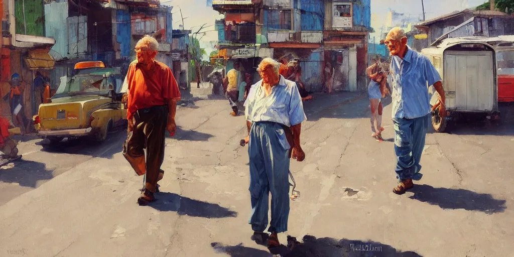 Prompt: old man on street corner in favela painting by vladimir volegov, norman rockwell, tom of finland, coherent high res clarity, trending on artstation