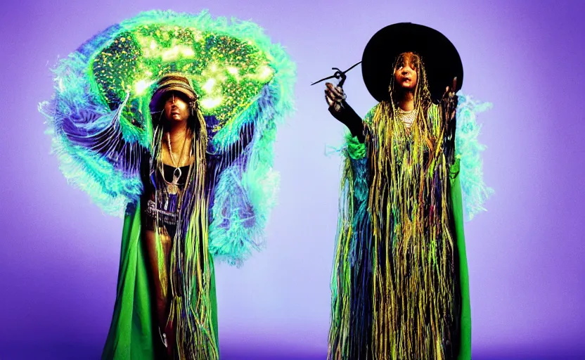 Image similar to “erykah badu as a funky voodoo queen wearing flowing black robes and a disco tophat holding a with a glowing crystal disco ball staff, by michalopoulos, by Silas onoja, By laurie Lipton, by josip csoor, 8k resolution, realistic shadows, 3D, rendered in octane, volumetric lighting, hyper detailed, photorealistic, voodoo”