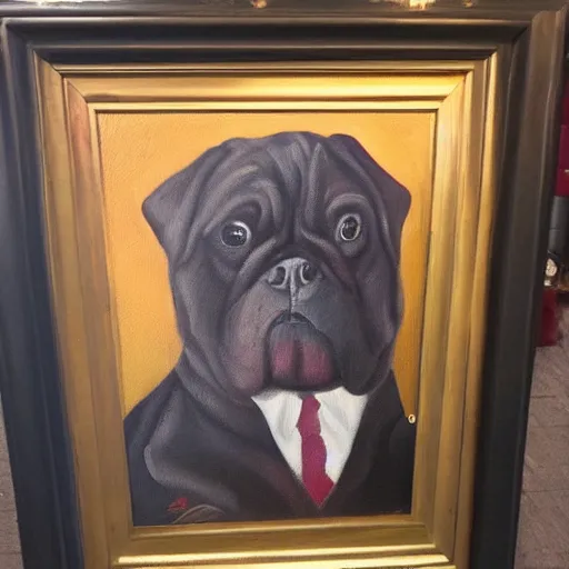 Prompt: an oil painting of a dog wearing a suit, dramatic lighting