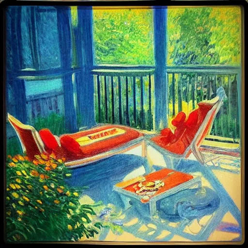 Prompt: “sunlit balcony with outdoor sofa, backgammon, a pair of shoes, peaceful, nostalgic, in the style of Monet”