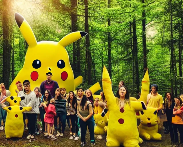 Prompt: photograph of a group of people worshipping a giant pikachu in a forest, ultra realistic!!!, spring time, slight overcast weather, golden hour, sharp focus