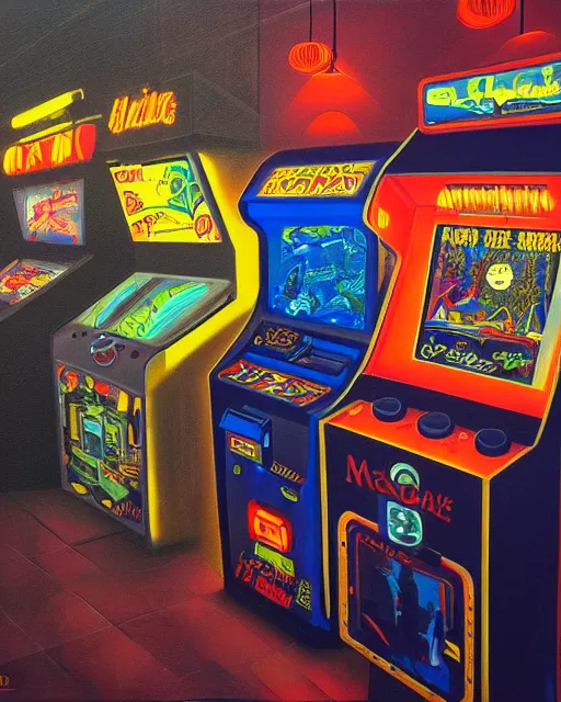 Image similar to arcade at night. 8 0 s era technology, vintage shapes, retro technology, vintage color, wayne barlow, oil on canvas, deep depth of field, masterpiece, cinematic composition, hyperdetailed