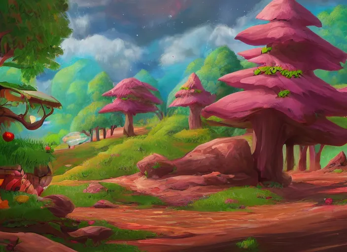 Prompt: enviroment design for a biome for candy kids game, top angle, trees candy themed, oil painting by jama jurabaev, extremely detailed, brush hard, artstation, for aaa game, high quality, brush stroke