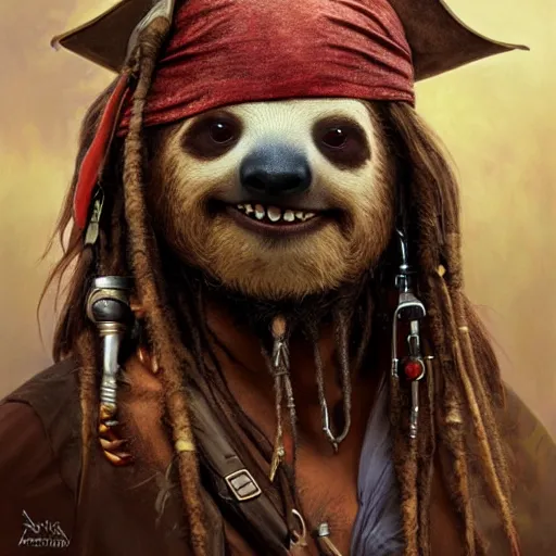 Image similar to Portrait of a Sloth dressed as Jack Sparrow, highly detailed oil painting, photorealistic, highly detailed, digital painting, artstation, concept art, smooth, sharp focus, illustration, art by artgerm and greg rutkowski and alphonse mucha