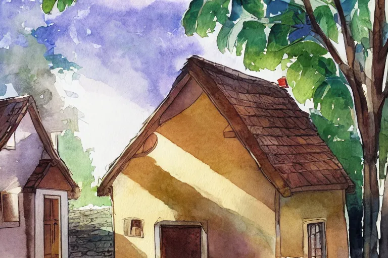 Image similar to rays of the morning sun shining through the window of the village house. very beautiful, clear sky, warm shiny colors, watercolor drawing