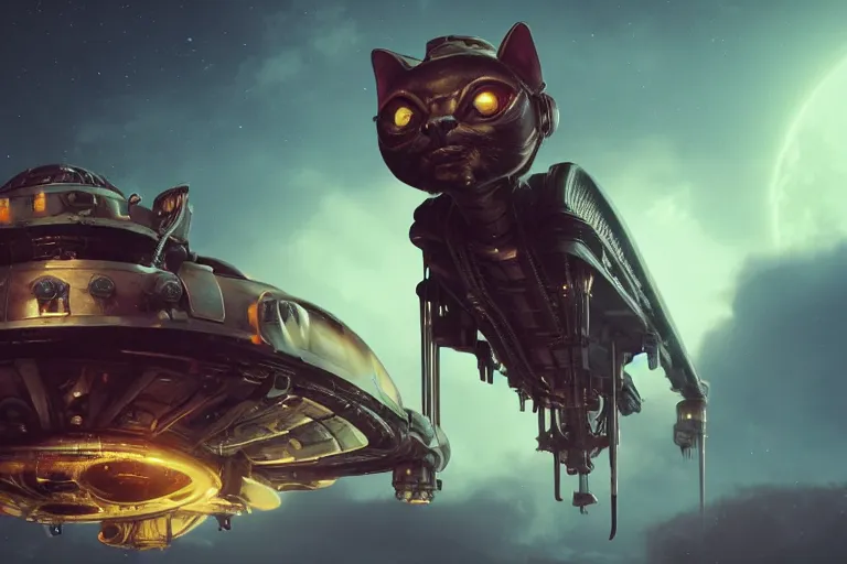 Prompt: an alien mothership shaped like a cat, steampunk, night, atmospheric lighting, trending in artstation, octane render, 4k, by greg rutkowski,