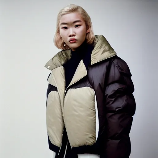 Image similar to realistic photoshooting for a new balenciaga lookbook, color film photography, portrait of a blonde asian woman, model wearing a puffer jacket, photo in style of tyler mitchell, 3 5 mm,