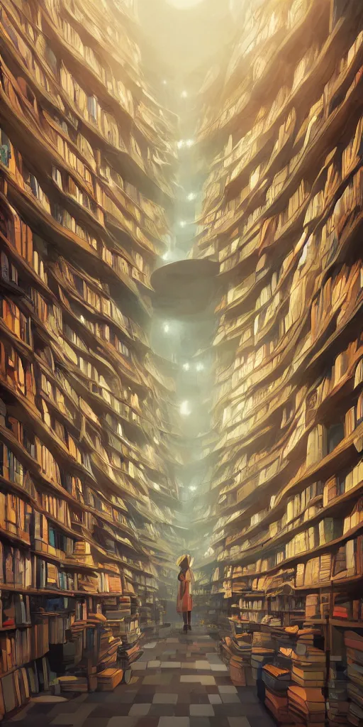 Prompt: inside an empty book store, lush, studio ghibli, sylvain sarrailh, cinematic light, majestic, concept art, volumetric lighting, magic atmospheric, fantasy, 8 k, wide angle, epic composition, award winning, artstation