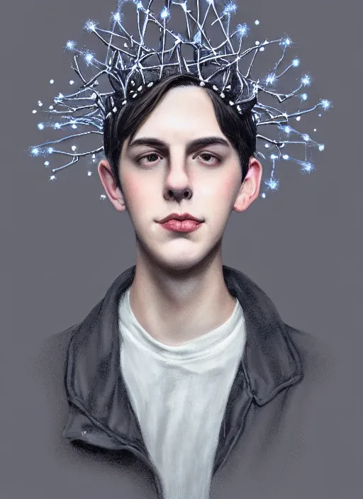 Image similar to portrait of teenage jughead jones wearing a light grey crown, photorealistic, crown, eyes closed, crown, black hair, intricate, elegant, glowing lights, highly detailed, digital painting, artstation, concept art, smooth, sharp focus, illustration, art by wlop, mars ravelo and greg rutkowski