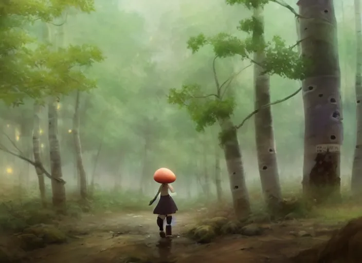 Image similar to a cute thicc mushroom creature, her feet covered in mud, walking around a large aspen forest, fog, atmospheric lighting, by makoto shinkai an krenz cushart