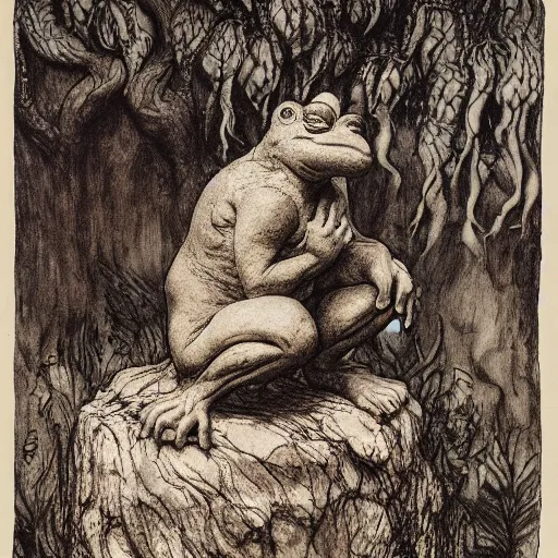 Prompt: toad philosopher toad in a pose The Thinker, swamp, by Auguste Rodin, illustrations by irish fairy tales james stephens arthur rackham, detailed hands, fairy tale illustrations, top cinematic lighting , cinematic mood, very detailed, shot in canon, 8k, high resolution