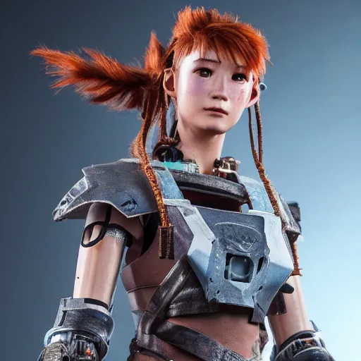 Prompt: aloy from hzd but fully robotic. Highly detailed cyberpunk style