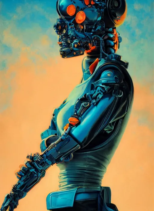 Prompt: symmetry!! dynamic pose! closeup portrait of a cyborg pirate girl, fashion cyborg jumpsuit, shoulder pads, cinematic light, backlight, windy, teal orange, volumetric steam, dust particles, by gerald brom, by mikhail vrubel, by peter elson, muted colors, extreme detail, trending on artstation, 8 k