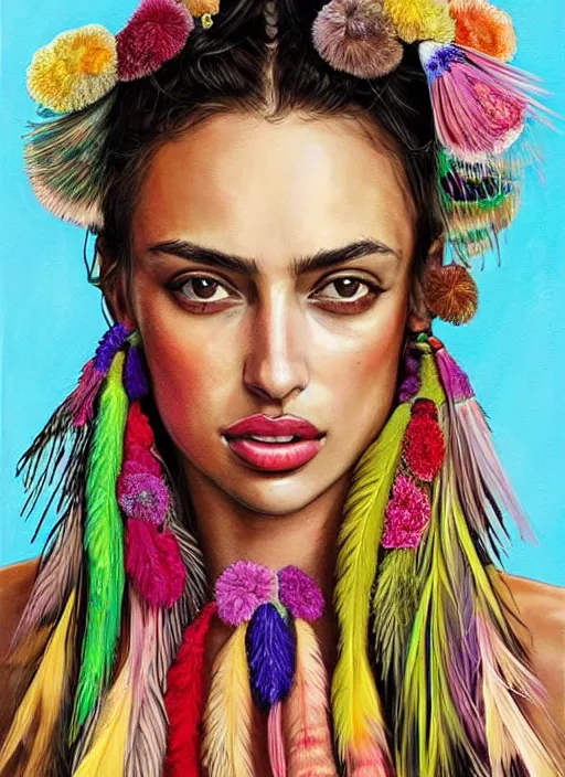 Image similar to beautiful portrait of Irina Shayk wearing dramatic Hand-dyed cotton dress,embellished beaded feather decorative fringe knots ,colorful pigtail,subtropical flowers and plants,symmetrical face,intricate,elegant,highly detailed,8k,digital painting,trending on pinterest,harper's bazaar,concept art, sharp focus, illustration,golden ratio,by artgerm,Tom Bagshaw,Lawrence Alma-Tadema,greg rutkowski