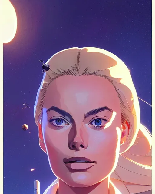 Image similar to azctec astronaut, margot robbie, detailed perfect face, exquisite details, fire magic, mid view, design on a white background, by studio muti, greg rutkowski makoto shinkai takashi takeuchi studio ghibli