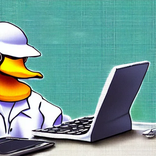 Image similar to a duck wearing a labcoat, computers in the background, digital art