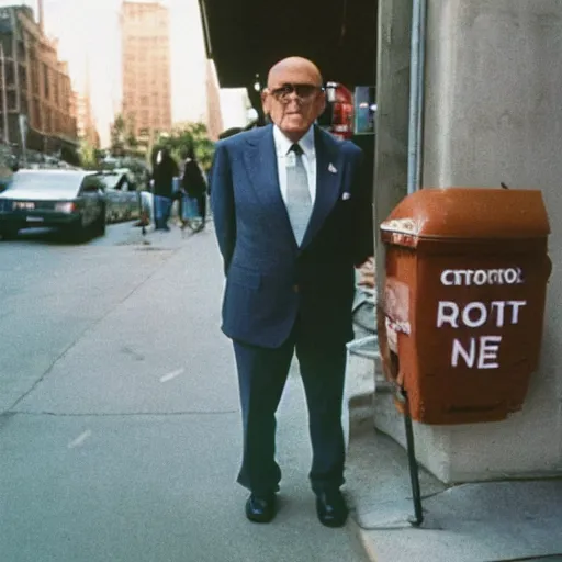 Image similar to Rudy Giuliani standing on the corner begging for change. Confused, sweaty, delirious and unhinged. CineStill.