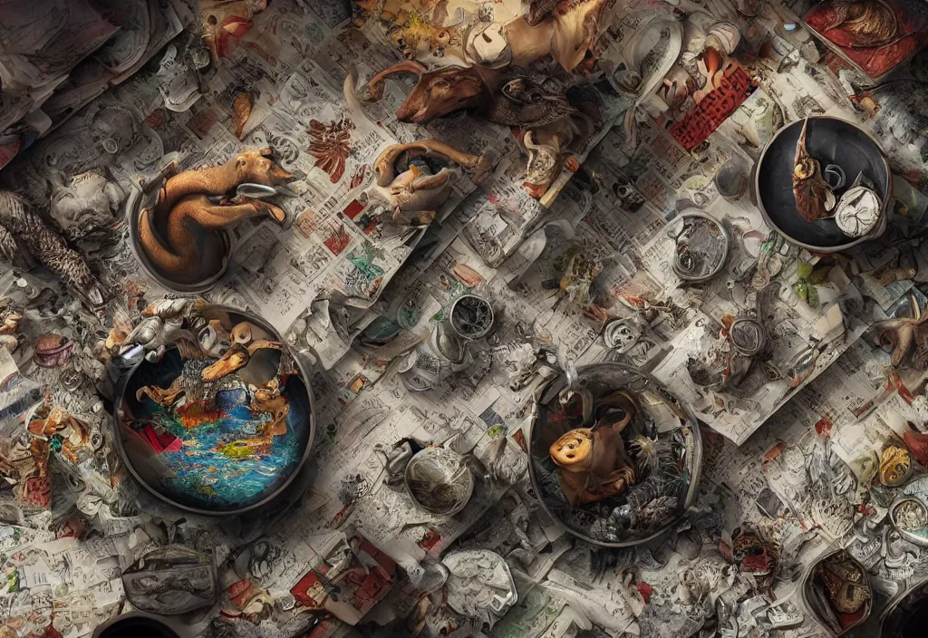 Prompt: smooth shading, ultra detailed, realistic detailed photo rendered in octane 3 d, with an ashtray on top, collage, paper, animals and people resting, intricate detail, intricate ink painting detail, sharp high detail ultra detailed, high resolution, cinematic, unreal 6