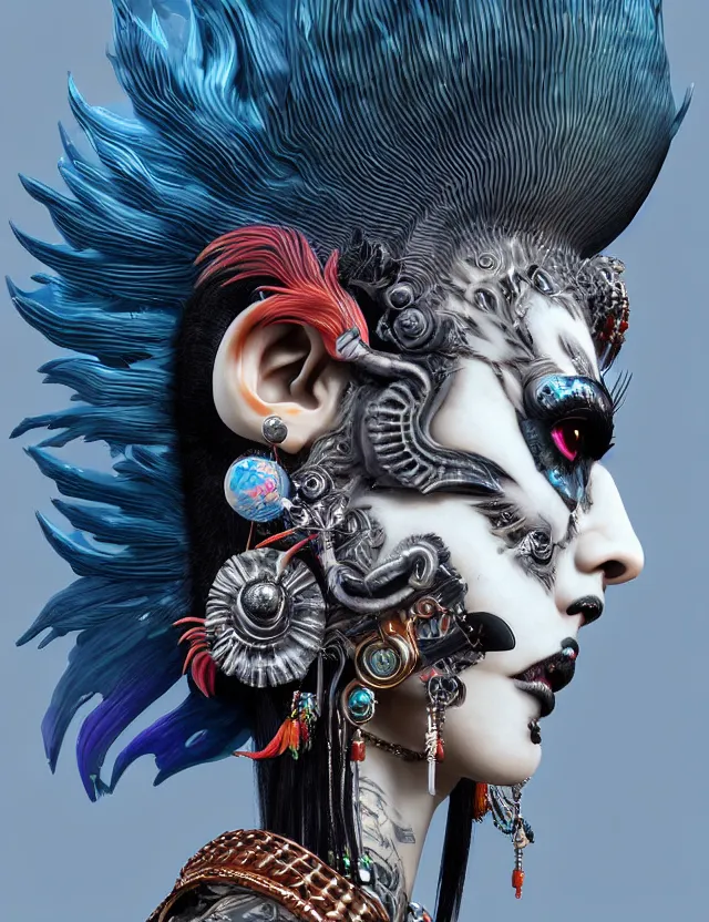 Image similar to 3 d photo realistic goddess close - up profile portrait punk with mohawk with ram skull. beautiful intricately detailed japanese crow kitsune mask and clasical japanese kimono. betta fish, jellyfish phoenix, bio luminescent, plasma, ice, water, wind, creature, artwork by tooth wu and wlop and beeple and greg rutkowski