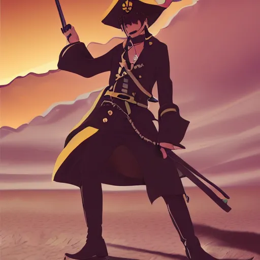 Image similar to !dream Painting of an anime pirate captain in the middle of a desert, digital art (5px vector outline contour, anime shading)