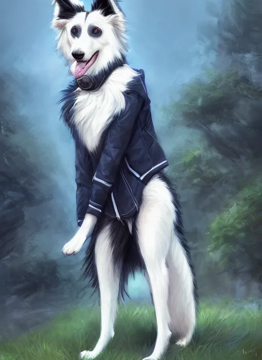 Prompt: wide angle full body portrait of a cute male anthropomorphic border collie fursona wearing a jacket in front of a park, by charlie bowater, henry asencio, and ross tran, furaffinity, scenic background, intricate, elegant, beautiful, fantasy, highly detailed, trending on artstation