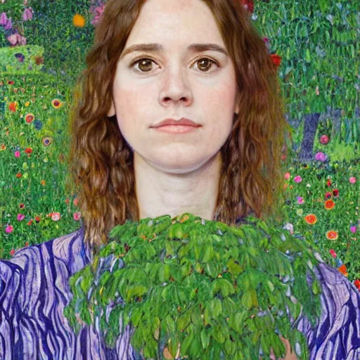 Prompt: a portrait of female asa Butterfield mixed with pam beesly, content, kind, slight smile, green eyes, longer eyebrows, surrounded by plants, by gustav klimt