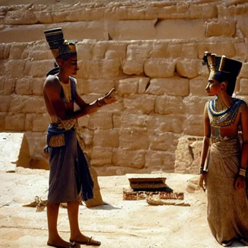 Prompt: a rare candid scene taken of the actors playing young nefertiti and tutankhamun in casual clothes at the construction of the khufu pyramid talking to workers from the latest award winning christopher nolan film'before they were pharohes ', dslr