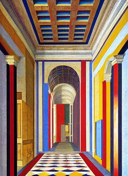 Image similar to renaissance painting of a room in central perspective marble checkered floor and bright colors, geometrically precise in the style of piero della francesca, primary colors, happy color palette