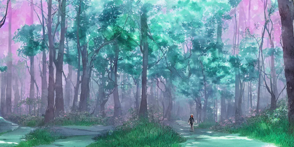 Prompt: path through a wide forest, modern contemporary, lanterns. watercolor art, expansive cinematic view, volumetric shading, intricate and detailed, highly saturated colors. breath of the wild style, by hayao miyazaki ghibli!!!. pastel!! pink!! accents. trending on artstation. award winning