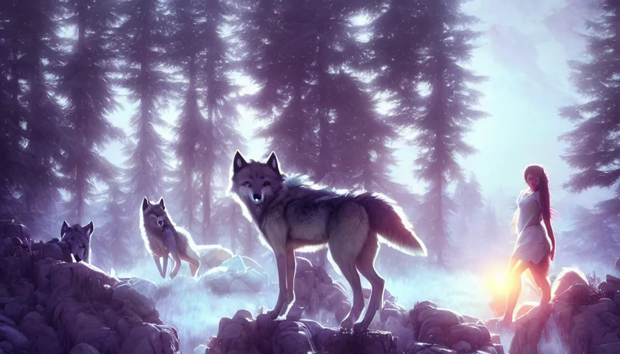 Image similar to dreamy fantasy pack of wolves, bright, white, epic scene, highly detailed, high quality, 8 k, 4 k, octane render, digital painting, alena aenami, lilia alvarado, shinji aramaki, karol bak, alphonse mucha, tom bagshaw