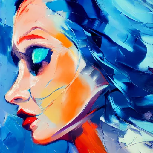 Prompt: A vibrant oil painting in shades of blue, close up of a female by Françoise NIELLY, trending on Artstation:3