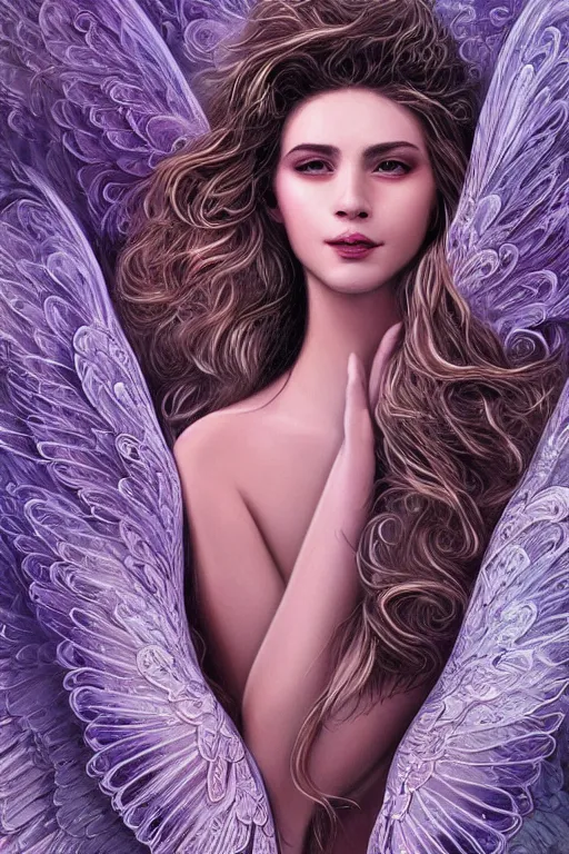 Image similar to beautiful young woman's face, magical, angelic wings, flowers, intricate, synth-wave, retrowave, highly-detailed, elegant, dramatic lighting, gorgeous face, lifelike, photorealistic face, long luxurious intricate gown, digital painting, artstation, illustration, concept art, smooth, sharp focus, art by Craig Russel, Barry Smith, artgerm, and Albert Aublet and Krenz Cushart and Artem Demura and Alphonse Mucha