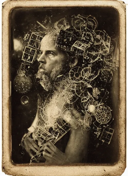 Image similar to old wetplate daguerreotype portrait of a mad man, explosion of data fragments, fractal, intricate, elegant, highly detailed, parallax, leica, medium format, subsurface scattering, by jheronimus bosch and greg rutkowski and louis jacques mande daguerre