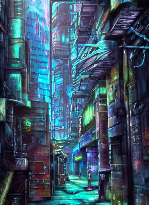 Prompt: airbrushed painting of a cyberpunk alleyway