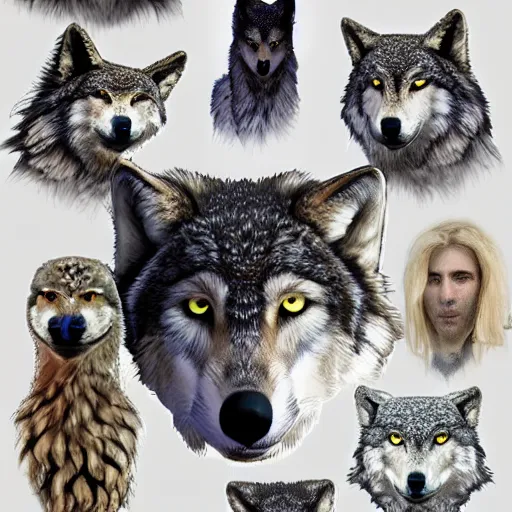 Prompt: ( ( ( ( wolf ) ) ) ) with the head of an owl, art reference sheet, featured on artstation