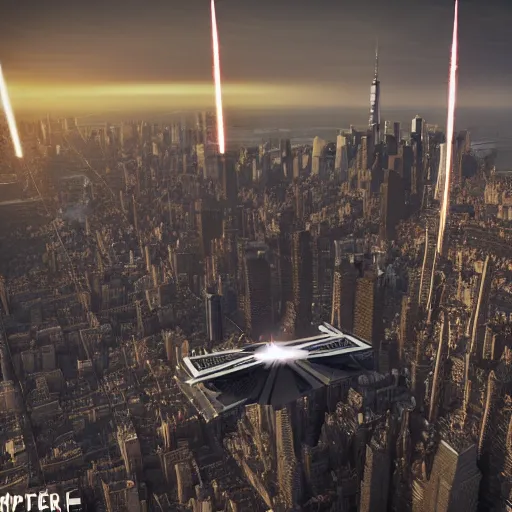 Image similar to 3 d point perspective, extreme long shot of the tip of an incommensurable imperial star destroyer hovering over the sky of new york city, tie fighters patrolling around, golden hour, deep depth of field, make all elements sharp, aerial view, 8 k, octane render, unreal 5, hyperrealistic, symmetrical, intricate digital art, photoshop, cgi art