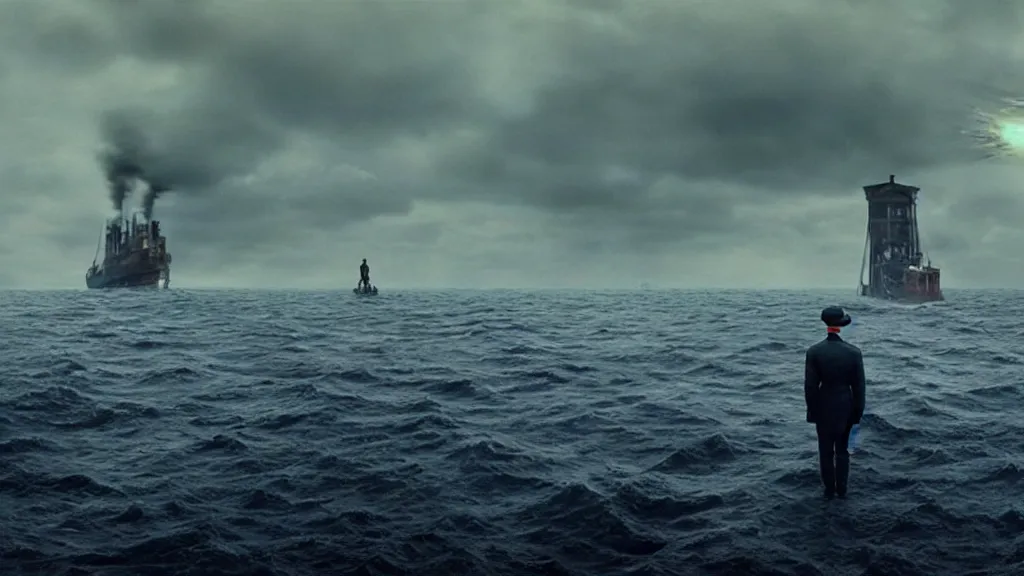 Image similar to photo of the Peaky Blinders coming out of the ocean, extreme detailed face, spaceship far on the background, film still from the movie directed by Denis Villeneuve with art direction by Zdzisław Beksiński, wide lens