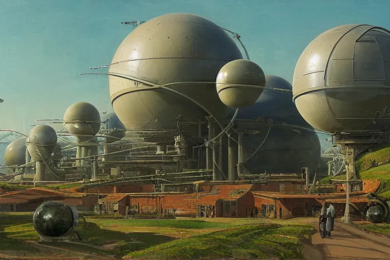 Prompt: an impressive science fiction big factory with a spherical architecture designed by star wars and boeing military with fat cables and pipes at its base, on a beautiful green hill in a the french countryside during spring season, painting by studio ghibli backgrounds and louis remy mignot hd, nice spring afternoon lighting, smooth tiny details, soft and clear shadows, low contrast, perfect