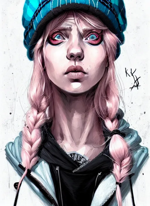 Image similar to highly detailed portrait of a swedish sewer punk lady student, blue eyes, tartan hoody, hat, white hair by atey ghailan, by greg tocchini, by kaethe butcher, gradient pink, black, brown, cream and light blue color scheme, grunge aesthetic!!! ( ( graffiti tag wall white background ) )